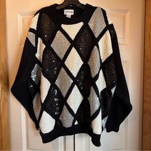 Vintage Black, White, & Gray Sequin Diamond Pattern Alfred Dunner Sweater